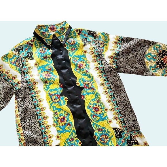 Vintage FRED DAVID 90s 00s Y2K Mixed Print Silky Tunic Blouse Top Shirt Size Sm - Picture 1 of 8